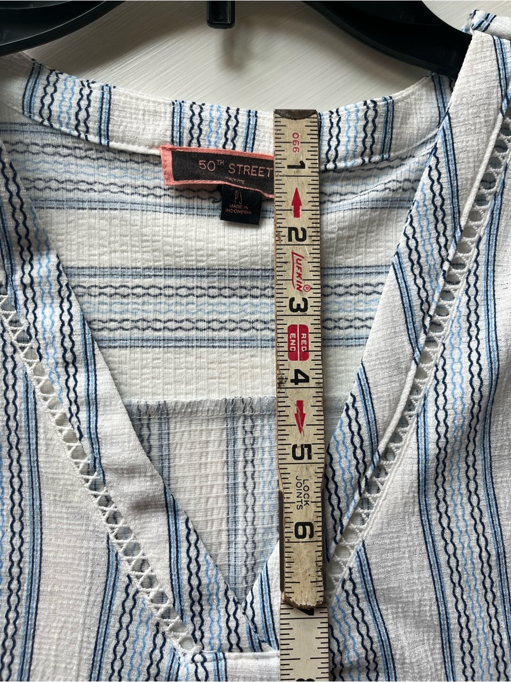 50th Street Sleeveless V-Neck Striped Flutter Top - Blue/White Size: Petite Sml - Picture 7 of 9